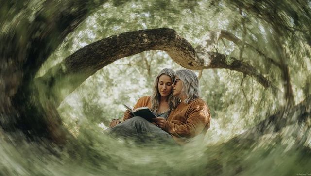 Couple reading together on curved oak branch in sunlit forest, cozy knit sweaters, bokeh swirl
