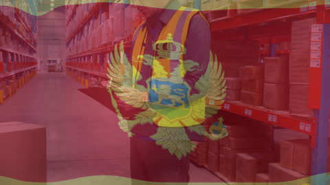 Montenegro Flag Overlays Warehouse Worker Conducting Inventory Check