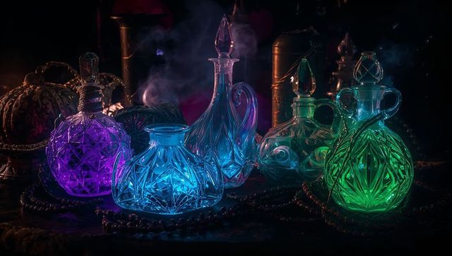 Mystical cut-glass decanters with glowing liquids in steampunk style
