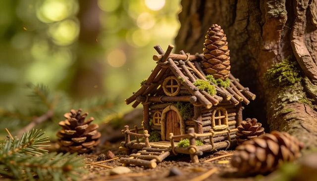 Sunlit rustic twig cabin fairy house pinecone chimney mossy forest floor miniature diorama