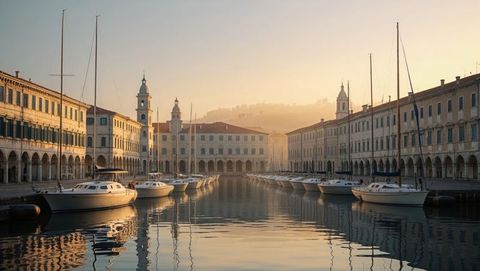 Tranquil marina with sailboats and arched colonnades at sunrise in trieste, italy