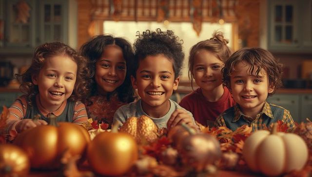 Joyful Multicultural Children Celebrating Fall with Pumpkins