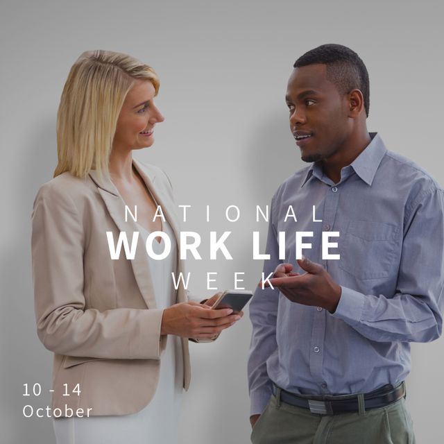 Ideal for illustrating workplace harmony and promoting employee engagement during events like National Work Life Week. Useful for corporate communications, company marcoms, HR initiatives, and articles focused on diversity and work-life balance.