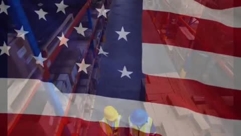 Warehouse Workers Conduct Inventory Audits with American Flag Overlay