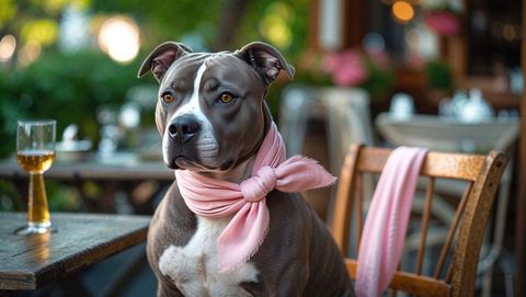 Sophisticated gray pitbull dog with pink scarf on outdoor cafe patio