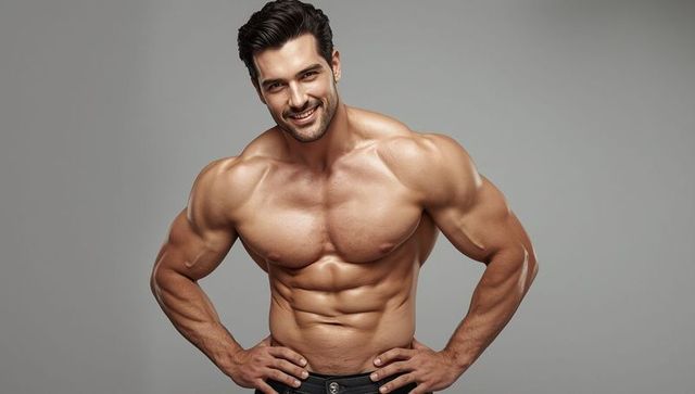 Confident Fit Male Posing Showing Muscular Physique in Studio