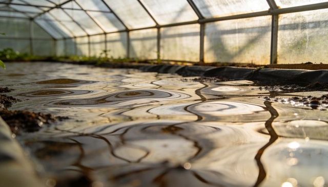 Greenhouse water ripples reflecting arched metal ribs and sunlight over seedbed liner
