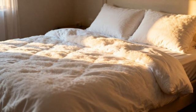 Bathing plush duvet and fluffy pillows on sunlit large bed with warm morning glow