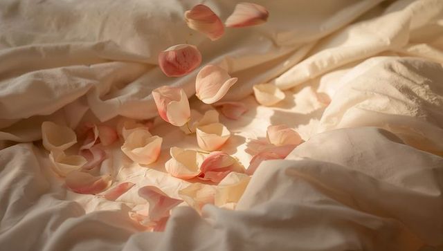Falling pale pink rose petals on rumpled cream duvet catching soft warm morning sunlight
