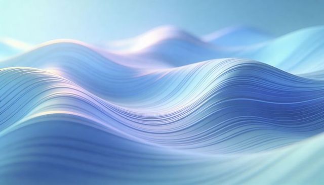 Iridescent blue flowing ribbons forming layered contour waves for modern background