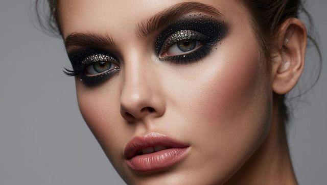 Close-up woman wearing glitter black smoky eye makeup with rhinestones, sculpted cheeks
