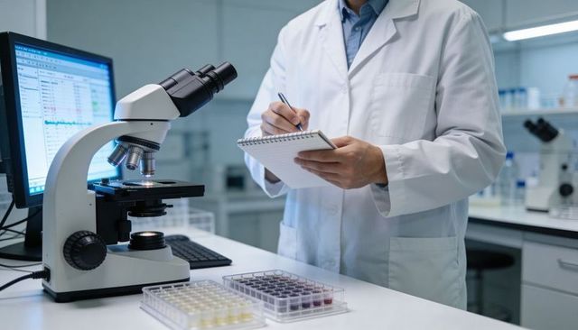 Lab technician writing notes by microscope with multiwell plates and computer data