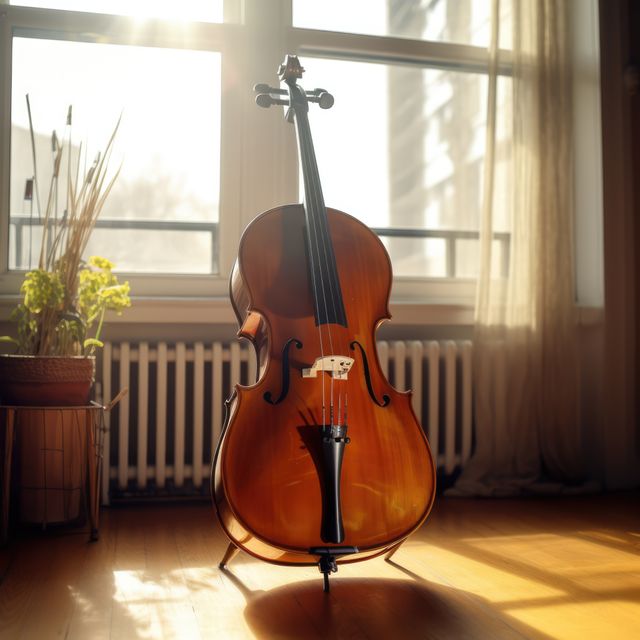 Sunlit room with a cello standing near the window. The wooden instrument reflects the warm sunlight, adding a serene ambiance. Ideal for themes related to music, home decor, relaxation, and classical music appreciation.