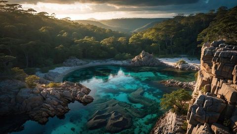 Idyllic turquoise cove with granite boulders at sunset