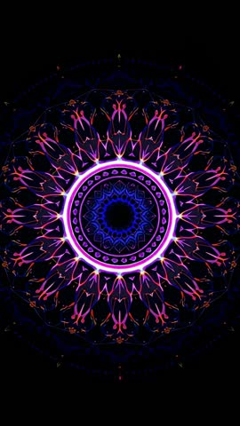 Vertical Neon Mandala Rotating with Pulsing Rings and Psychedelic Filigree Motion