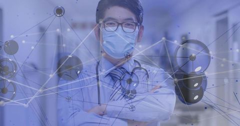 Masked Doctor Standing Arms-Crossed in Clinic Corridor with Digital Health Network Overlay