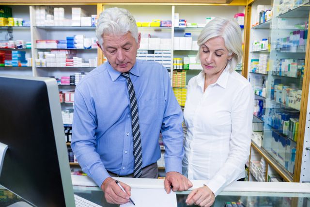 Pharmacist writing prescriptions for medicines in pharmacy