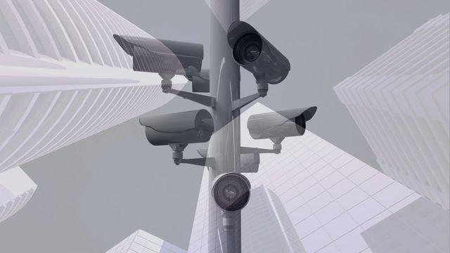 Visual concept depicting multiple surveillance cameras against city skyline emphasizes technology and security themes. Useful for articles discussing public monitoring systems, privacy concerns or urban safety solutions. Ideal in presentations involving smart cities, tech foresight, and modern infrastructure.