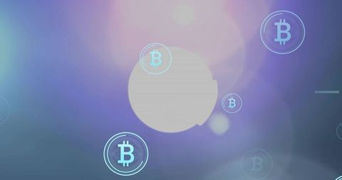 Futuristic bitcoin tokens floating over glowing abstract gradient with bokeh lensflare