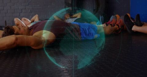 Futuristic Gym Rest: Holographic Globe and Athletes in Relaxation