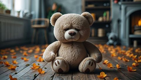 Plush Teddy Bear in Cozy Autumn Living Room with Orange Leaves