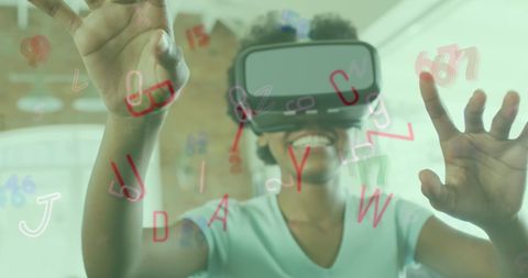 African American Woman Engaging with VR Letters and Numbers in Virtual Learning
