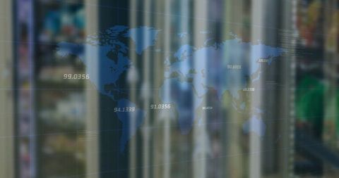 Blue World Map Overlay in High-Tech Server Room Environment