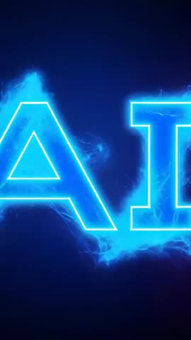 Vertical Neon Typography Animation Emitting Blue Plasma Glow Around Letters A and I