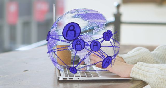 Image of connected icons in globe over cropped hands of biracial woman typing on laptop. Digital composite, multiple exposure, communication, globalization, abstract and technology concept.