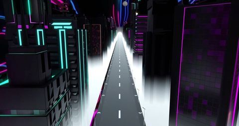 Neon expressway leading to luminous portal through futuristic foggy cyberpunk cityscape