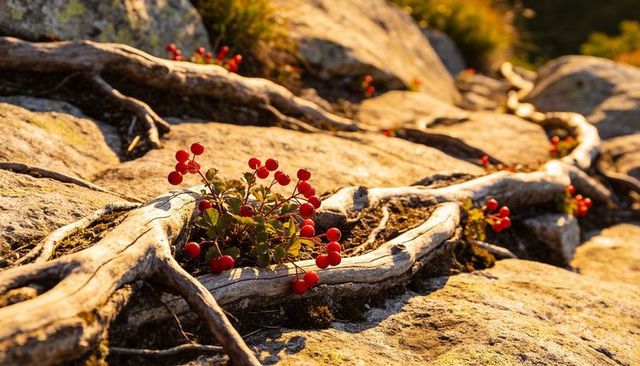 Sunlit alpine berry plant clinging to rock with twisted roots and vibrant red berries