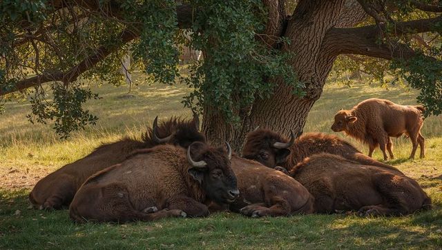 Resting american bison herd under oak canopy with sunlit calf in golden hour meadow