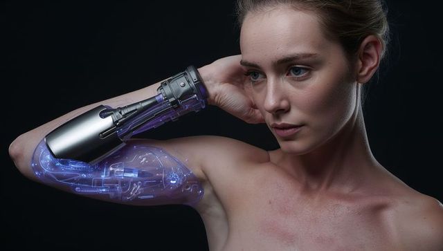 Woman with futuristic cybernetic forearm prosthesis showing holographic circuitry and metal details