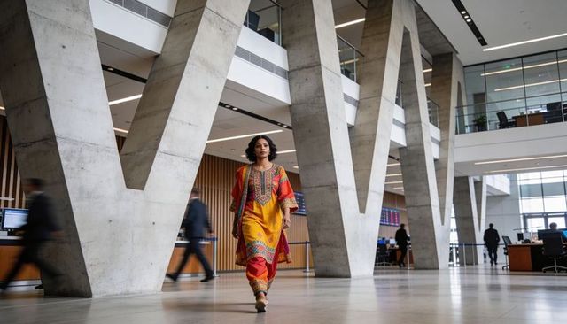 Confident woman in colorful traditional tunic walking through corporate atrium with v-shaped columns