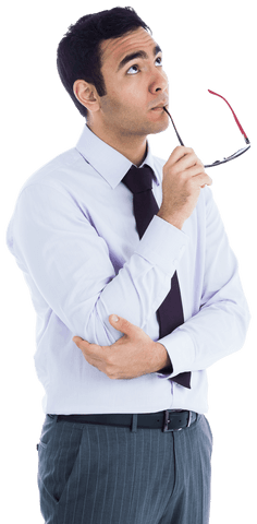 Thoughtful Young Businessman Contemplating with Glasses on Transparent Background