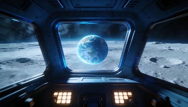 Earth rising above moon horizon through spacecraft observation window with console glow
