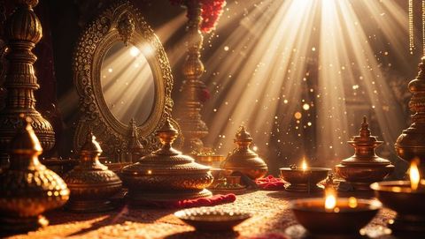 Devotional ritual hall with illuminated golden vessels, vishu festival