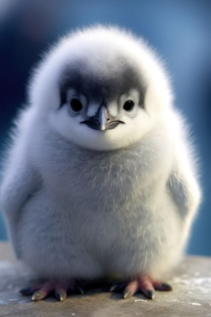 Adorable fluffy baby penguin looking forward with soft fluffy feathers and pastel colors in the background. Perfect for use in wildlife-themed content, educational materials about animals, and materials aimed at children or animal lovers.