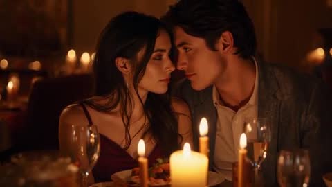 Couple Leaning In During Candlelight Dinner, Sharing Intimate Gaze Before Kiss