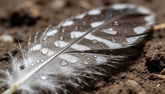 Macro dew-covered speckled feather on soil with water droplets and fine texture