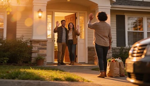 Golden-hour porch reunion waving visitor greeting smiling couple with grocery bags