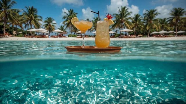 Luxurious beachfront cocktails floating on crystal blue water