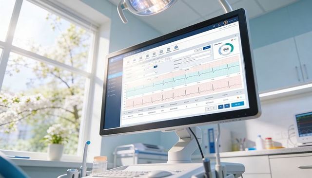 Clinic monitor displaying ecg tracings and vitals on widescreen in sunny exam room