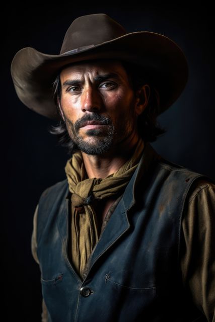 Cowboy with a serious expression in traditional western attire including a brown hat, vest, and scarf. Suitable for themes involving the Wild West, history, American culture, and masculinity.