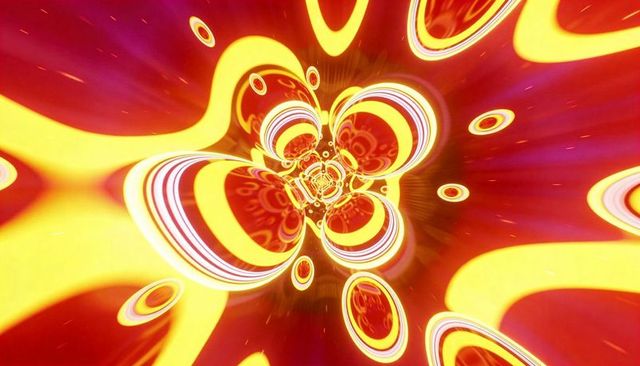 Spinning psychedelic vortex of concentric rings and glowing loops in vibrant red and yellow