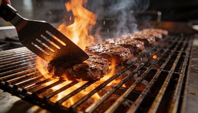 Pressing and flipping sizzling burger patties over open flame on restaurant grill
