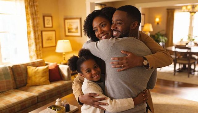 Parents hugging daughter in cozy living room, smiling family embracing at home