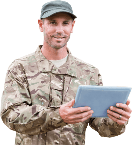 caucasian male soldier using tablet on transparent background - Download Free Stock Videos Pikwizard.com
