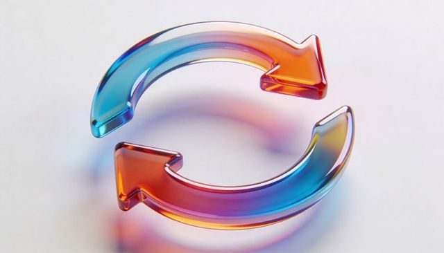 Translucent gradient refresh arrows forming circular cycle icon casting cyan orange light