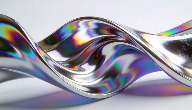Iridescent metal ribbon flowing in s-shaped curves with rainbow reflections